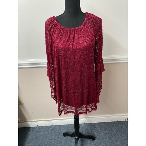 New Directions Burgundy Lace Off The Shoulder Blouse - Picture 1 of 5